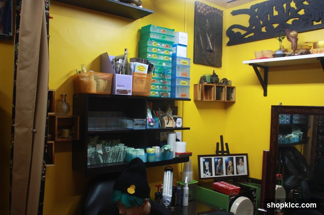 Interior of a shop with yellow walls and shelves
