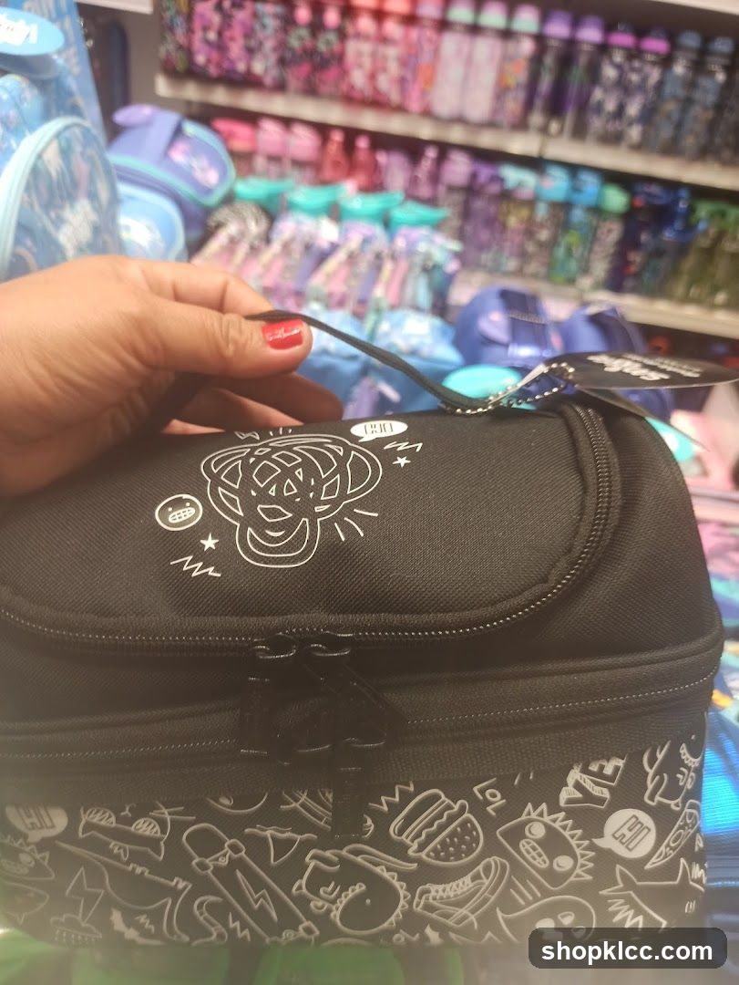 Black Lunchbox with White Line Art Design