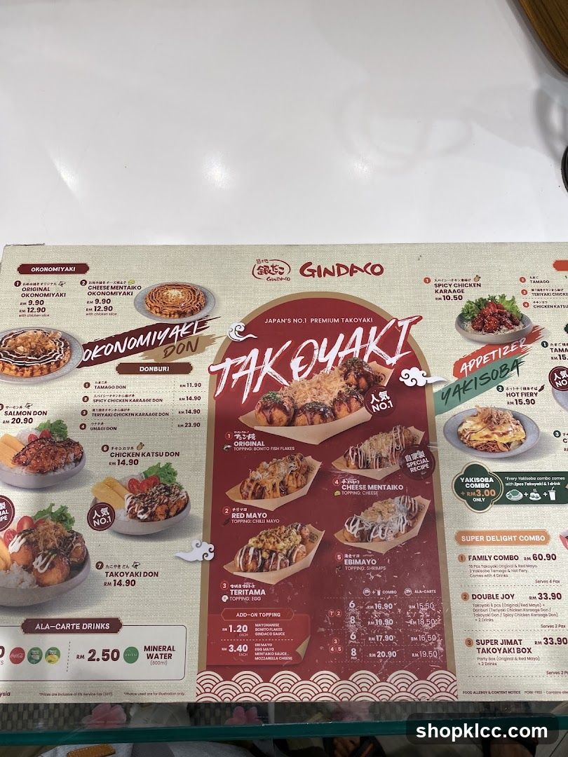 Gindaco Takoyaki Menu