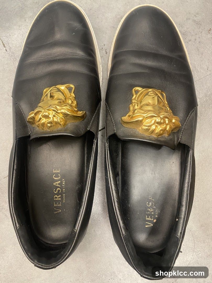 Versace Black Leather Loafers with Gold Medusa Embellishment