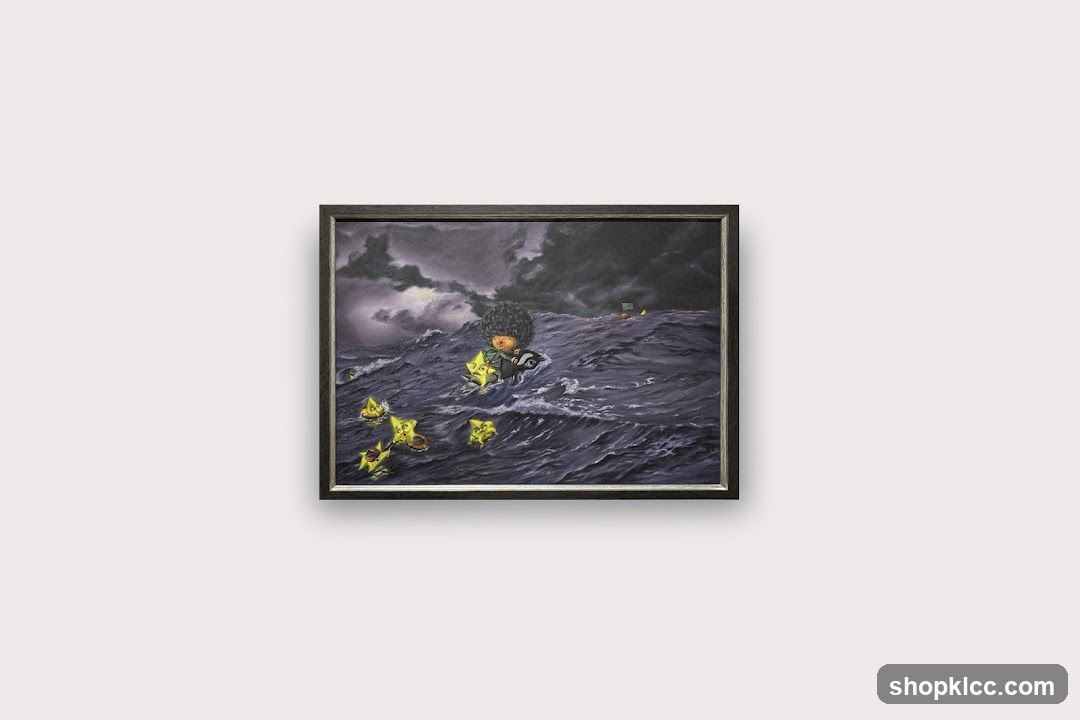 Painting of a child in a stormy sea