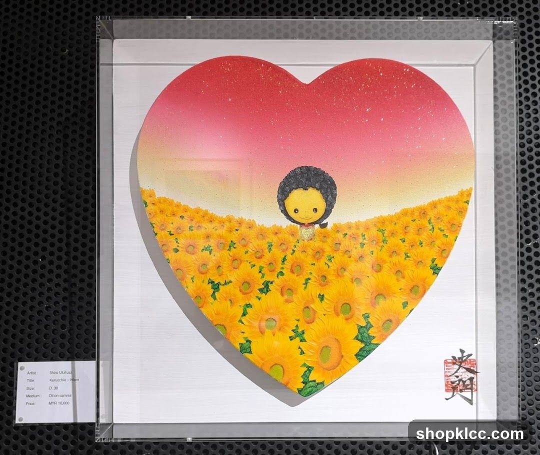 Heart-shaped painting of a child in a sunflower field