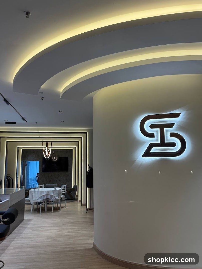 Interior of a modern establishment with a prominent logo