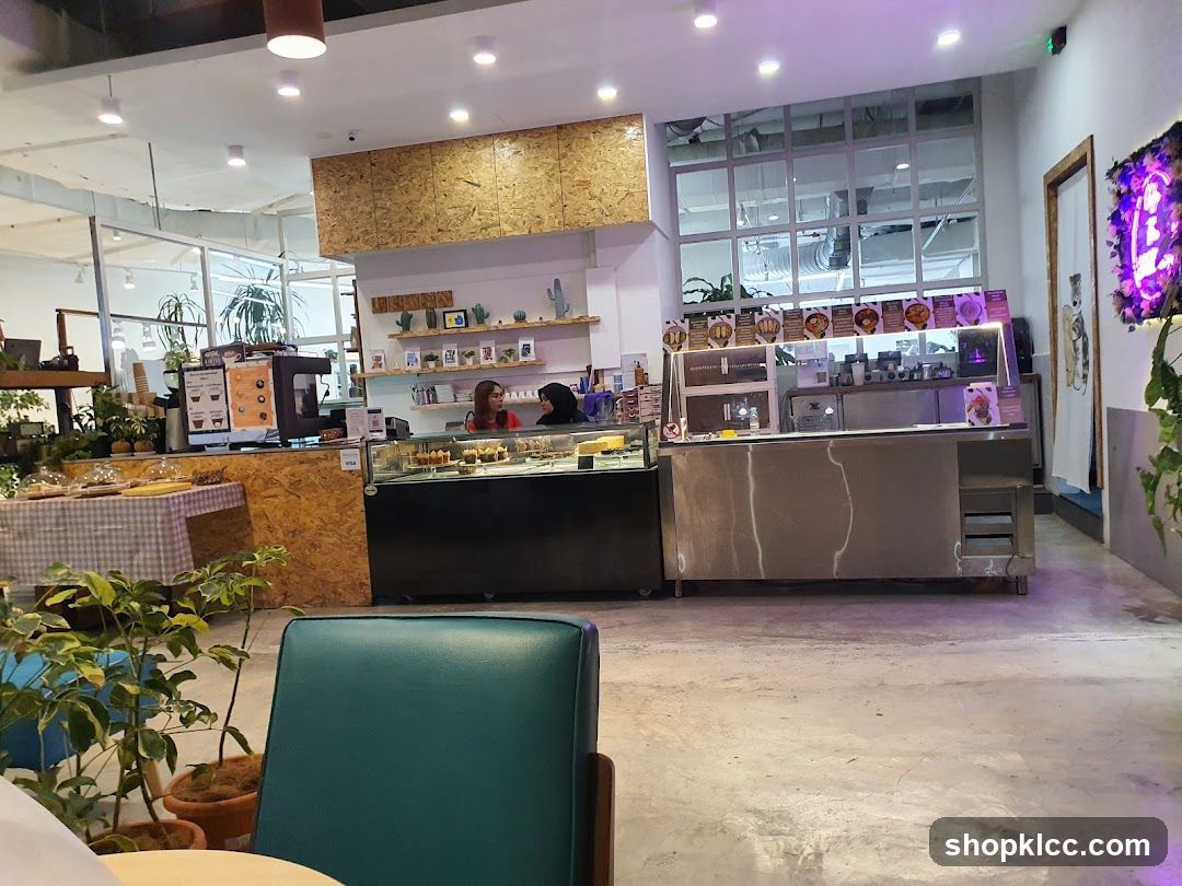 Cafe Interior with Display Cases and Seating