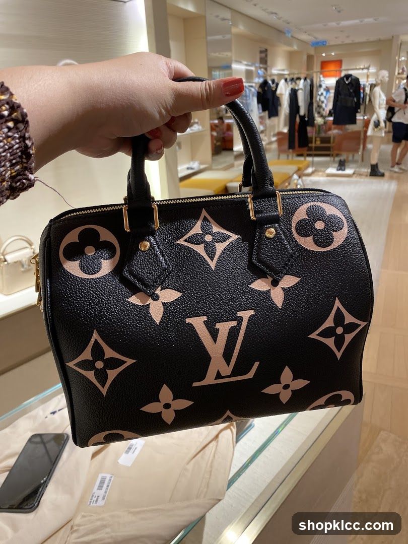 Hand holding a black handbag with Louis Vuitton monogram