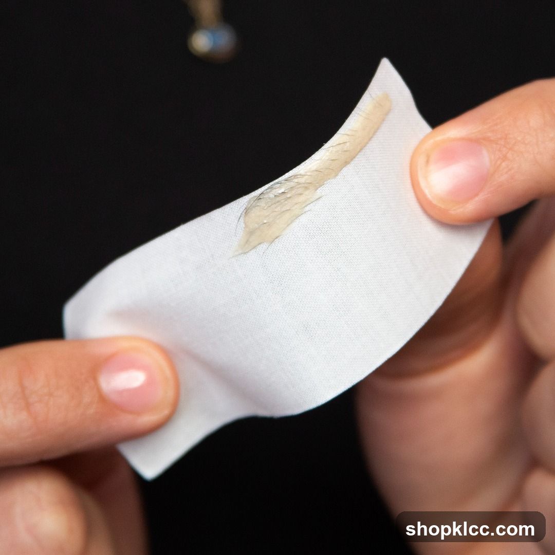 Close-up of a person holding a waxing strip with removed hair
