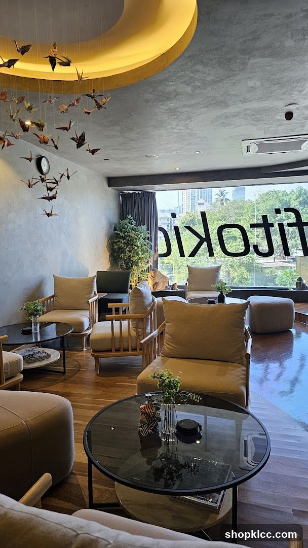 Modern cafe interior with origami cranes