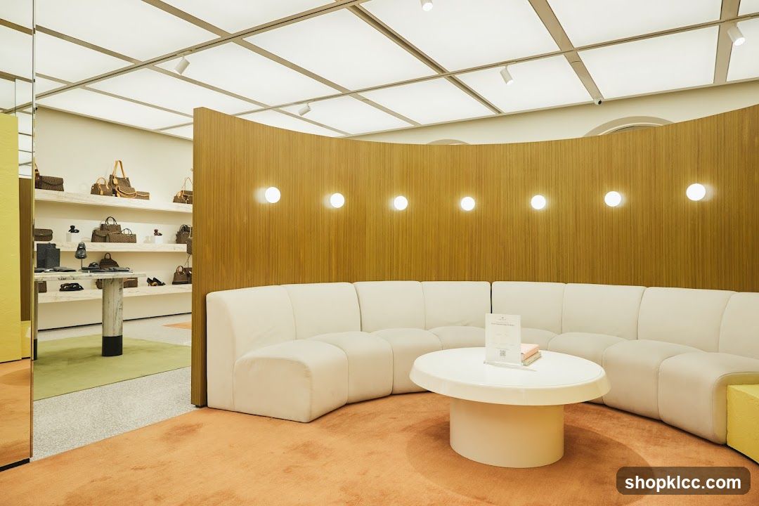 Store Interior with Seating Area and Display Shelves