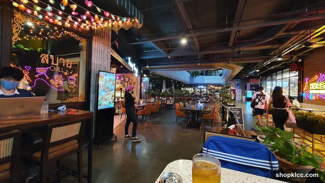 Restaurant Interior with Neon Signs and Decor