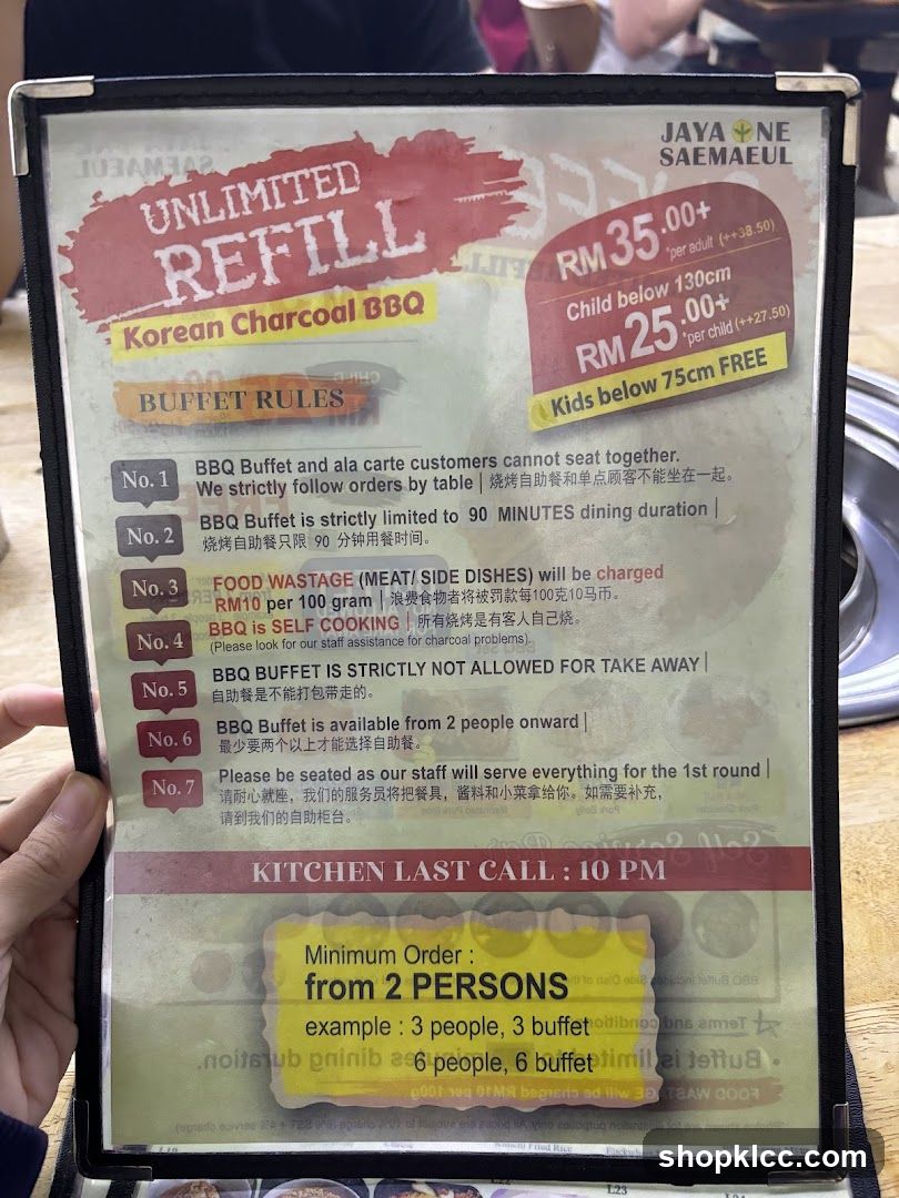 Unlimited Refill Korean Charcoal BBQ Menu