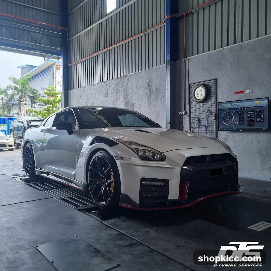 White Nissan GT-R on a dynamometer