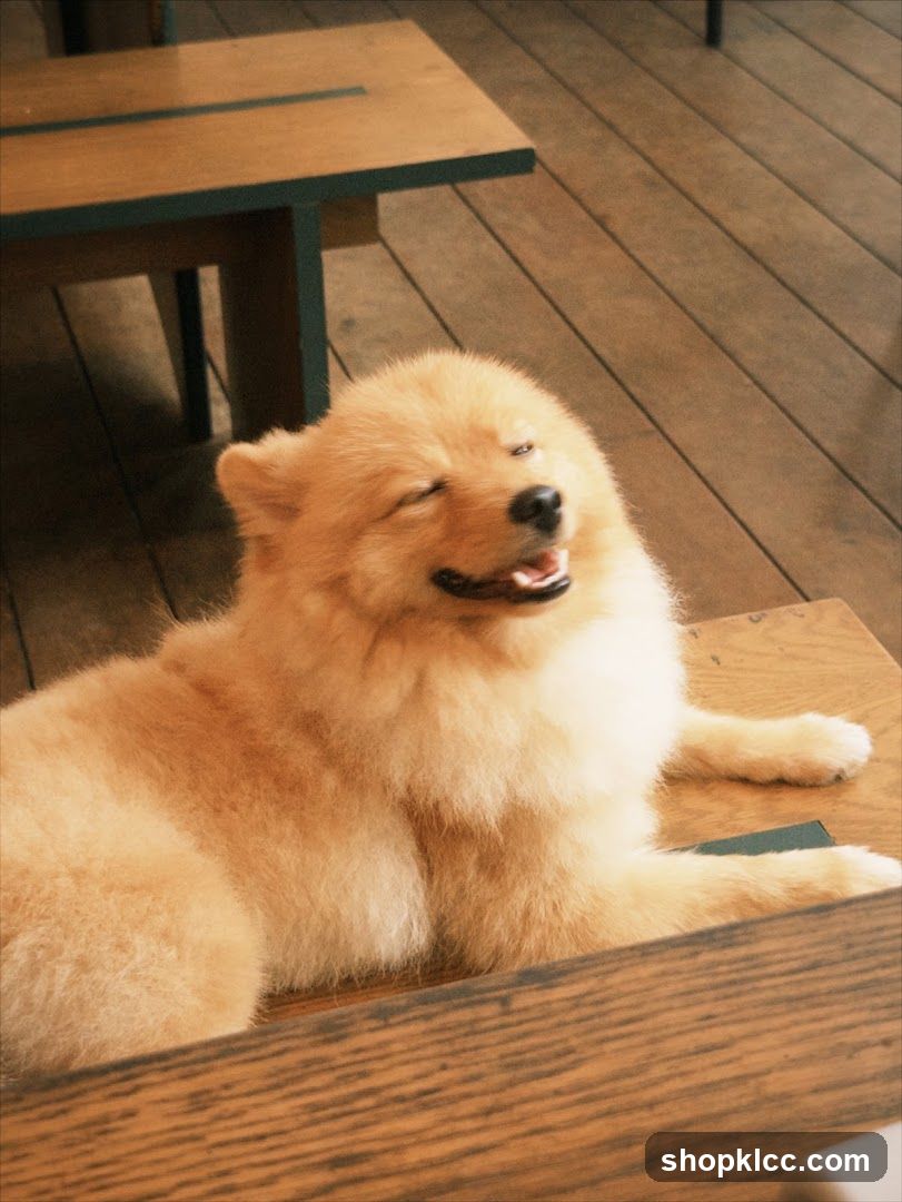 Fluffy dog resting on wooden floor