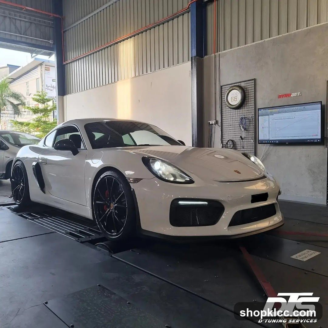 White Porsche on a dynamometer