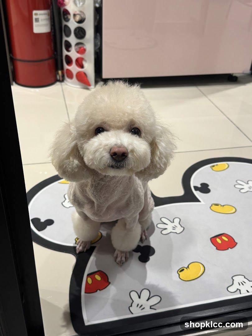 Poodle on Mickey Mouse mat