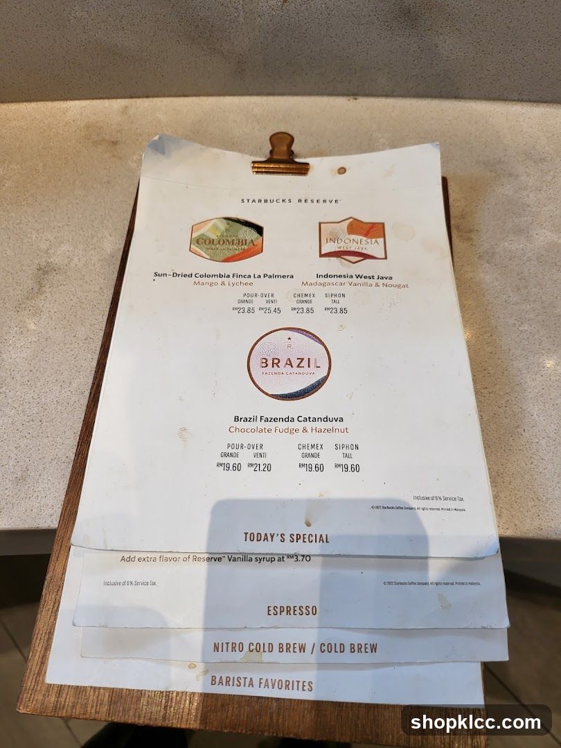 Starbucks Reserve Menu