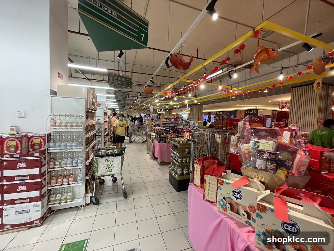 Supermarket aisle with festive decorations