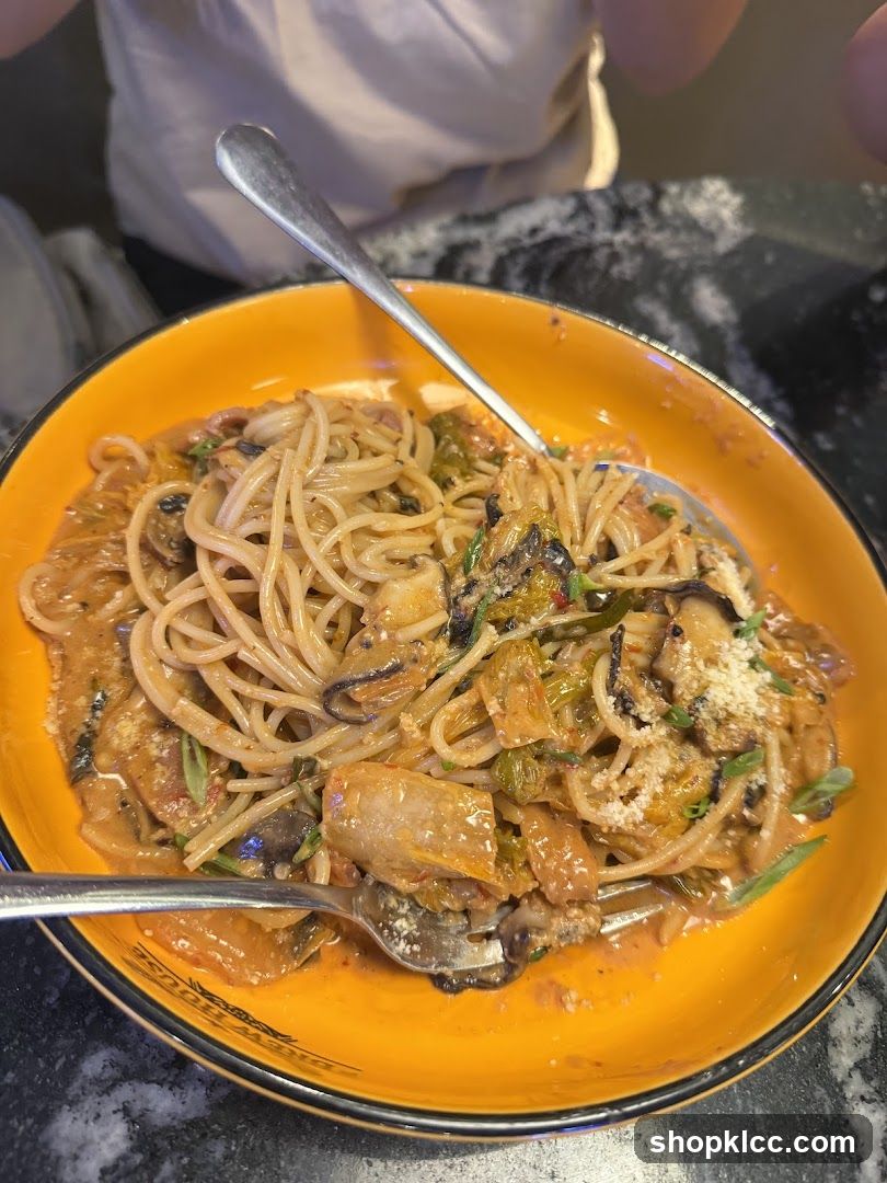 Spaghetti with Creamy Sauce and Kimchi