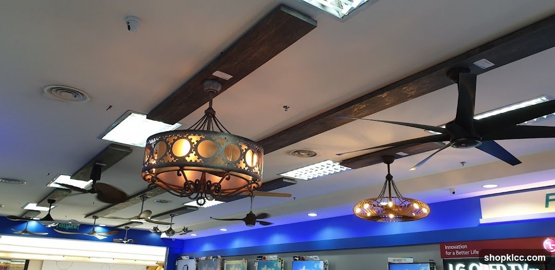 Ceiling with decorative lights and fans