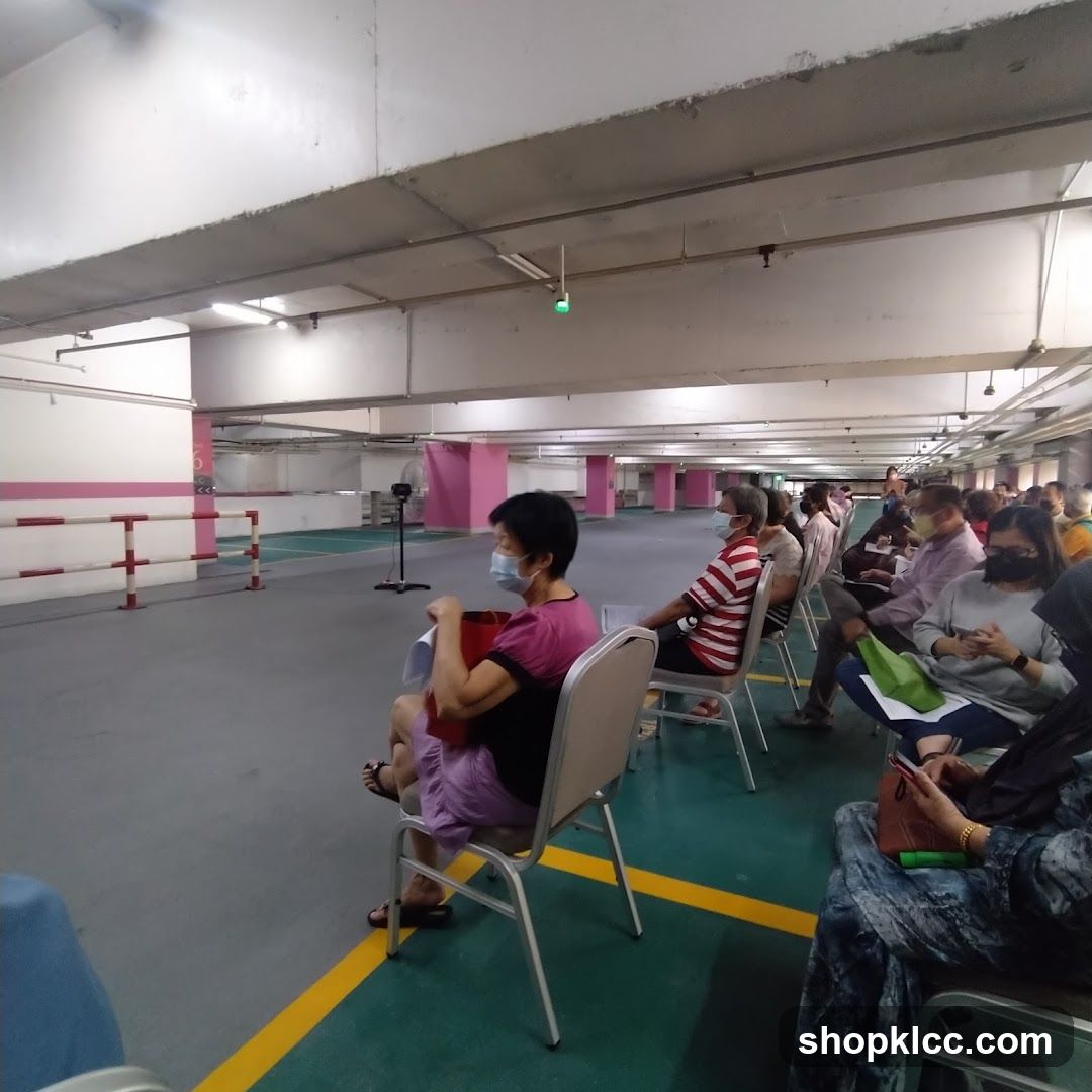 People waiting in a parking garage