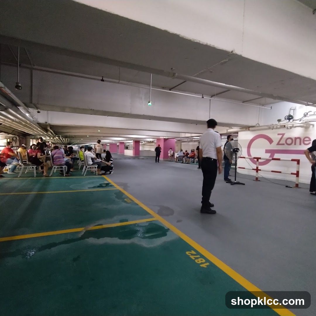 People waiting in a parking garage