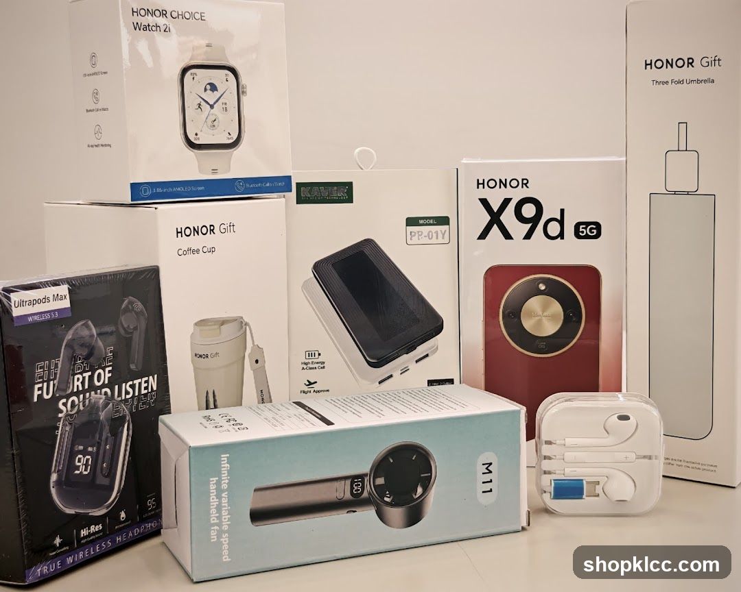 Assortment of HONOR electronic products and accessories
