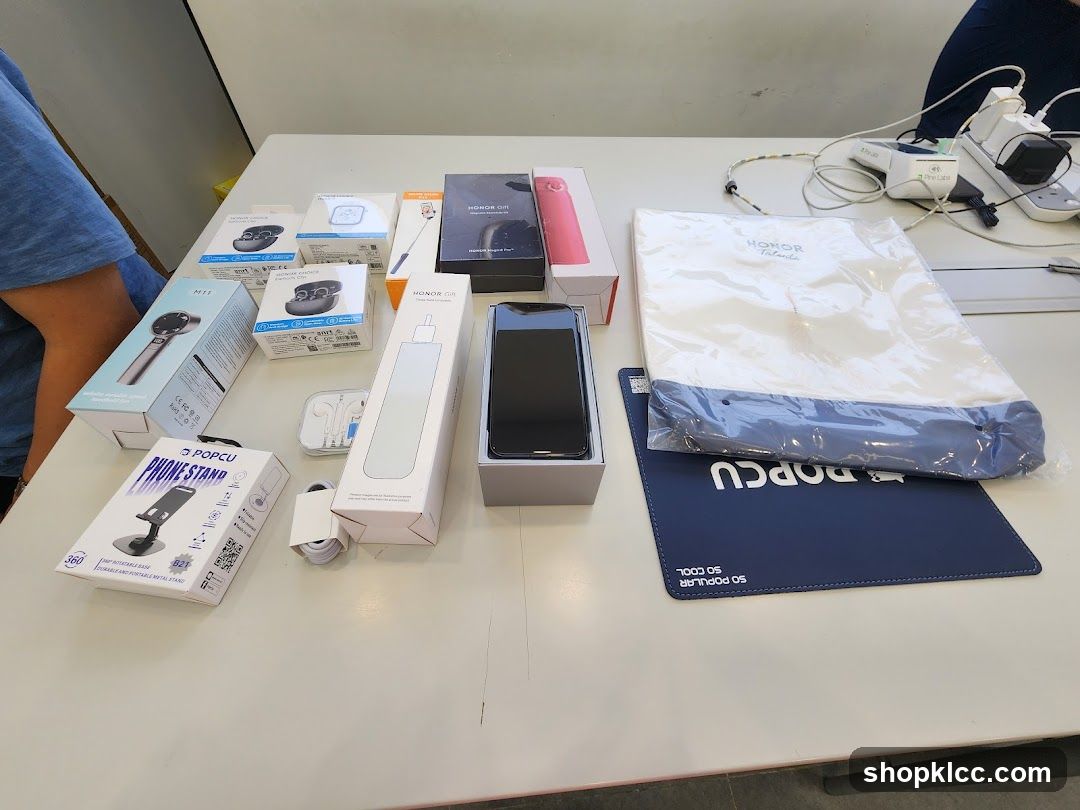 Various electronic accessories and branded merchandise