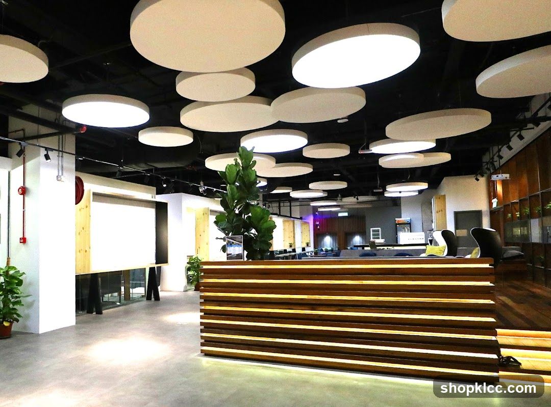 Modern Office Interior with Suspended Lighting