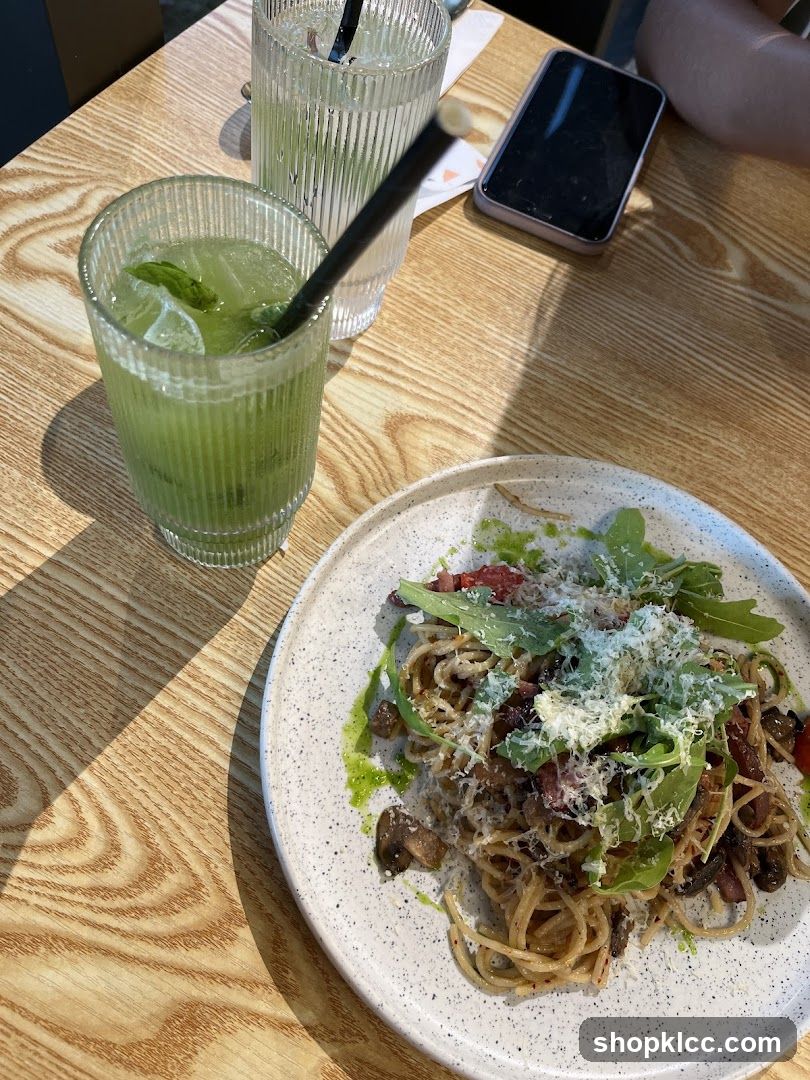 Pasta and Drinks on Wooden Table