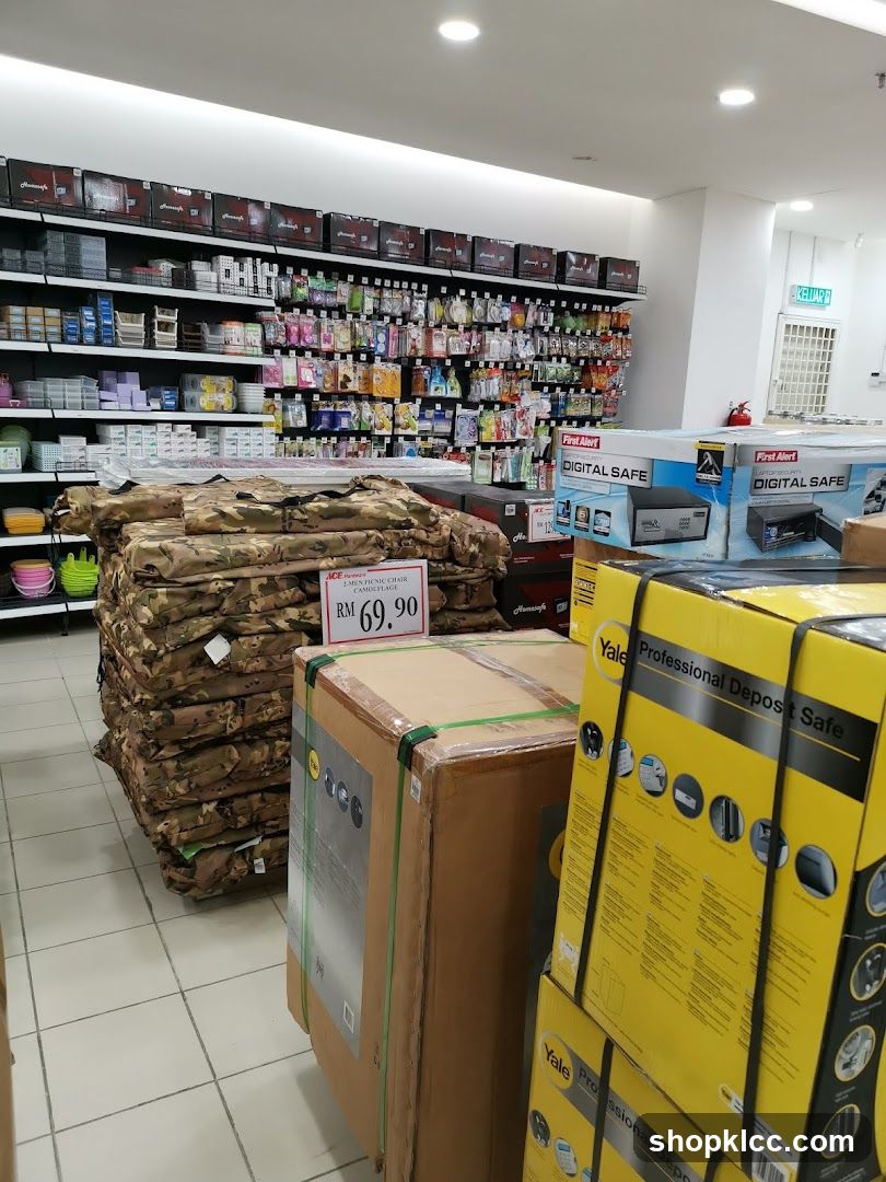 Interior of a retail store with security products and bedding