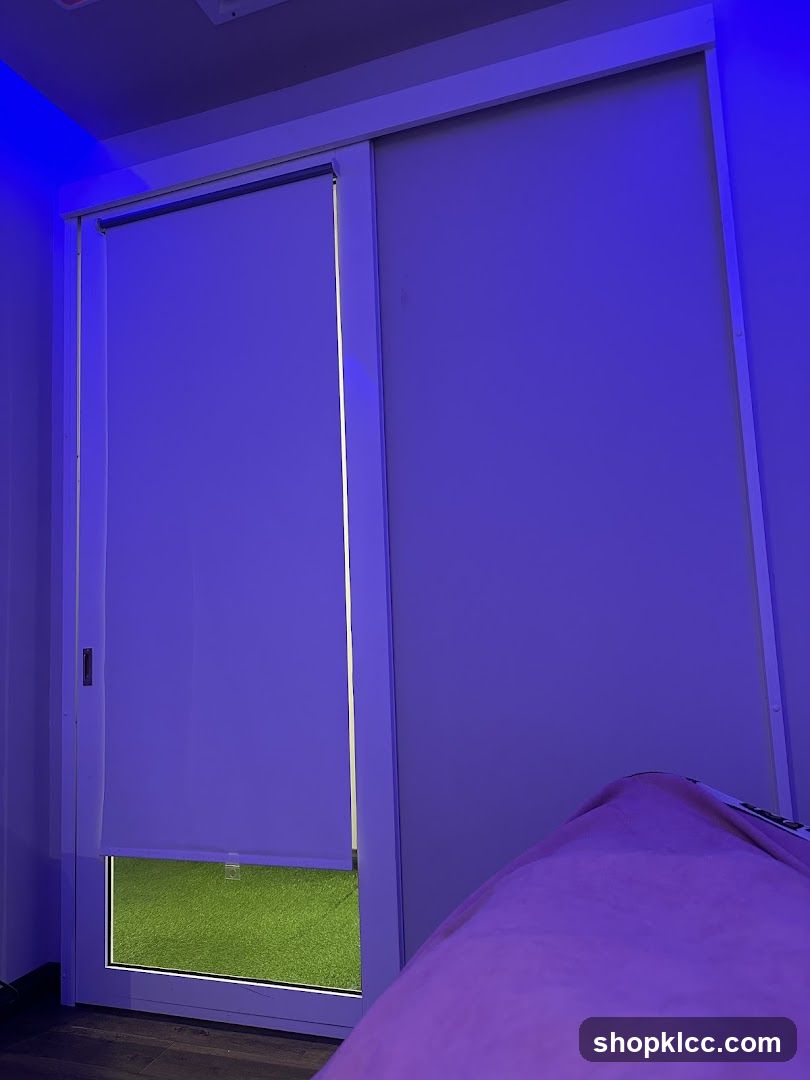 Purple-lit room with sliding door and blinds