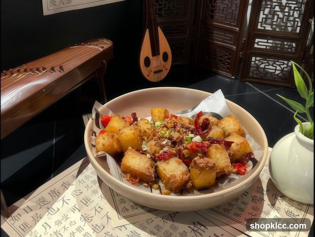 Chinese-style dish presentation with traditional instruments