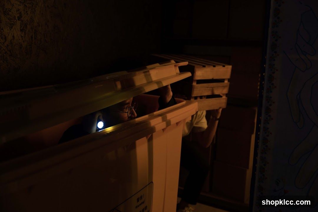 Person in dark room with flashlight