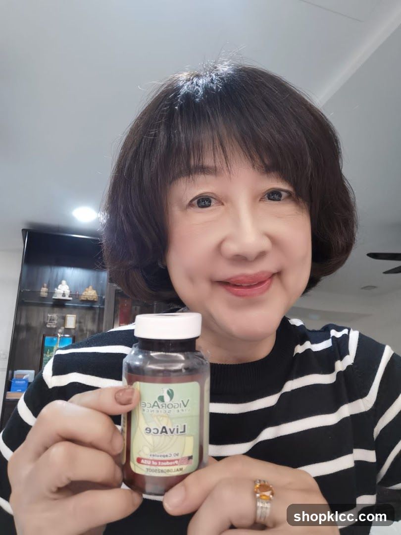 Woman holding a bottle of Livace supplements