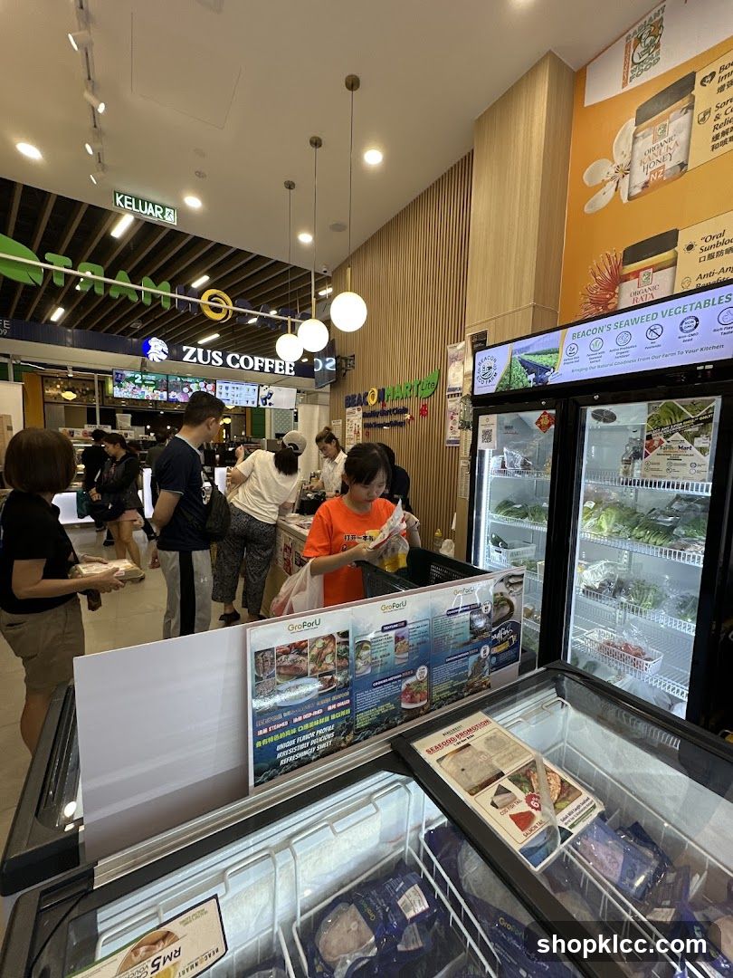 Grocery Store Interior with Refrigerated Sections and Customers