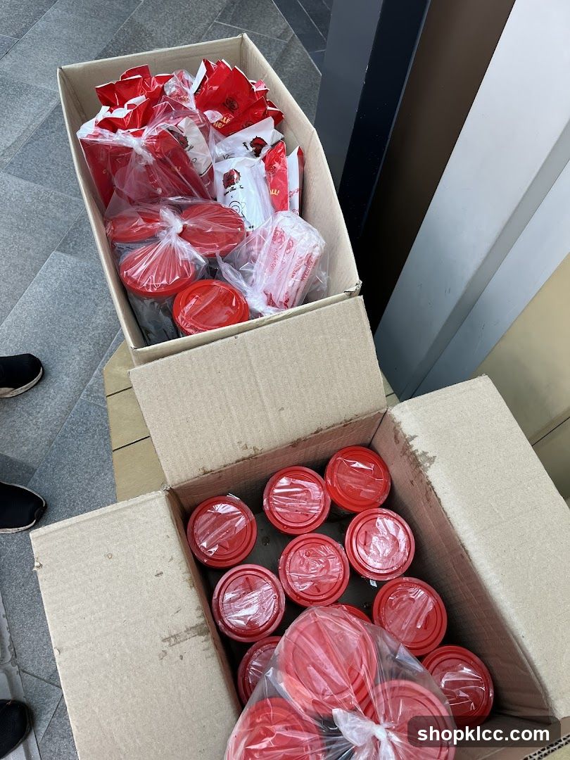 Red packaged goods in boxes