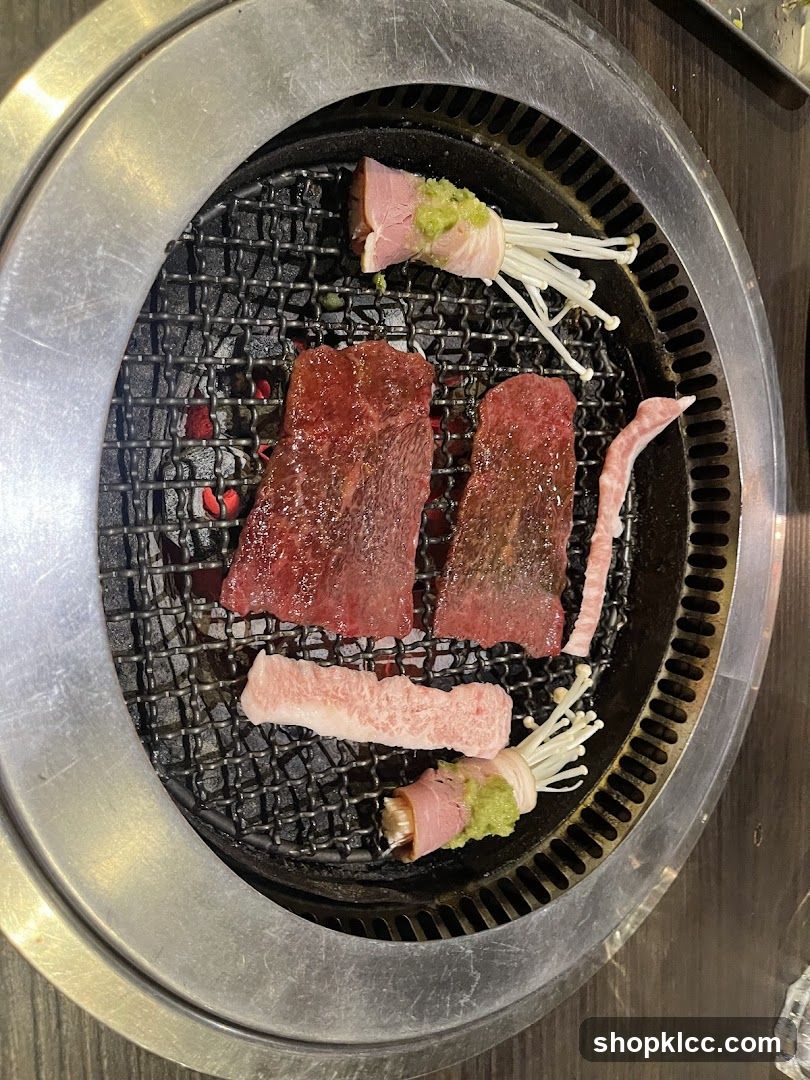 Grilling Meat and Enoki Mushrooms
