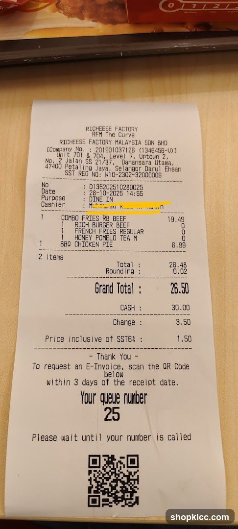 Receipt from Richeese Factory