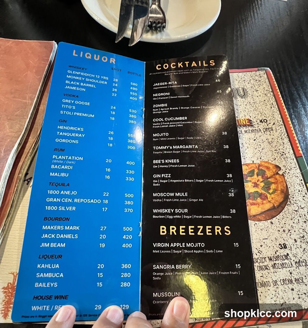 Liquor and Cocktails Menu