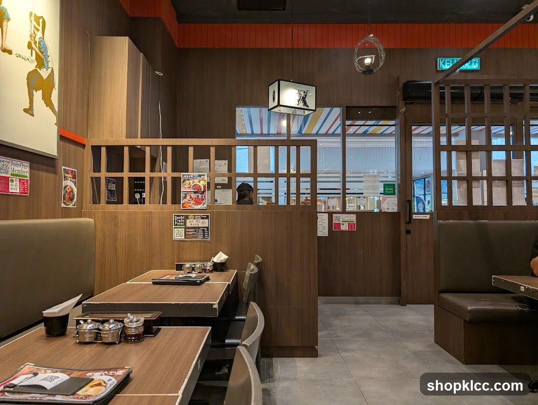 Restaurant Interior with Wooden Booths and Decorative Elements