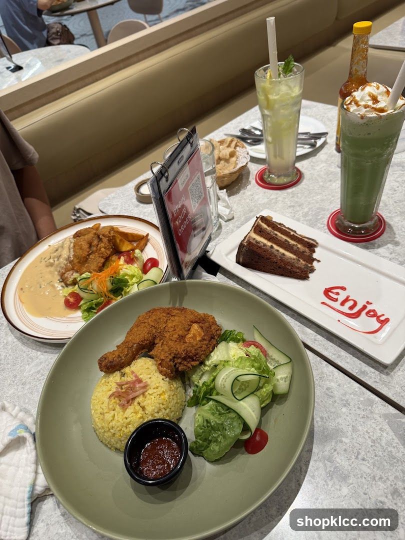 Fried Chicken Meal with Drinks and Cake