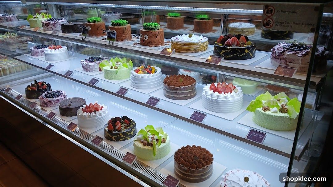 Cakes in a display case