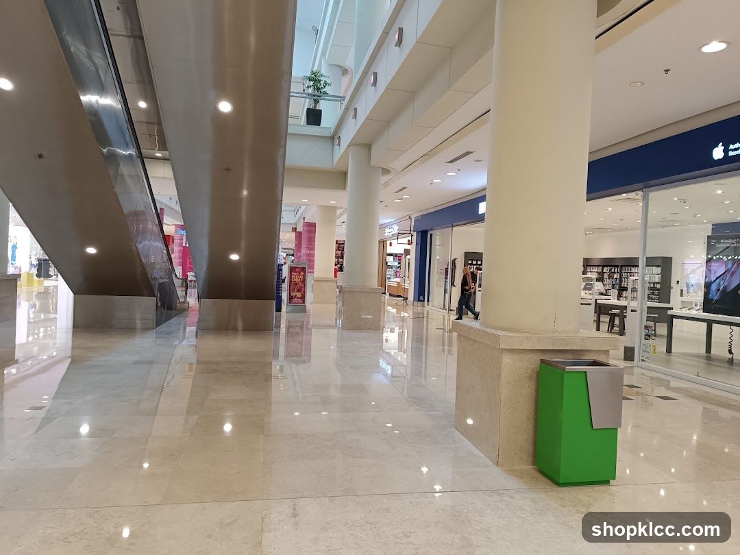 Mall Interior with Escalators and Storefronts