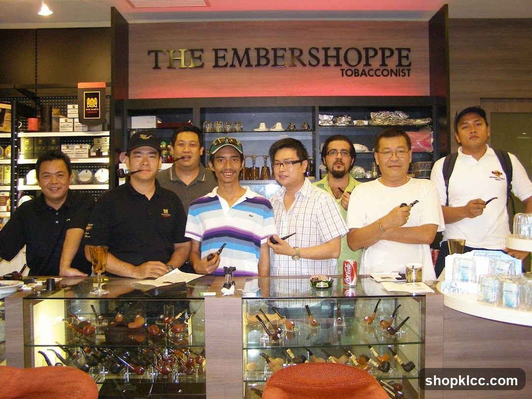 Group of men at tobacco shop counter