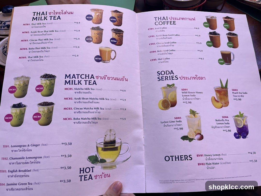 Thai Milk Tea, Matcha Milk Tea, Thai Coffee, Soda Series, Hot Tea, Others