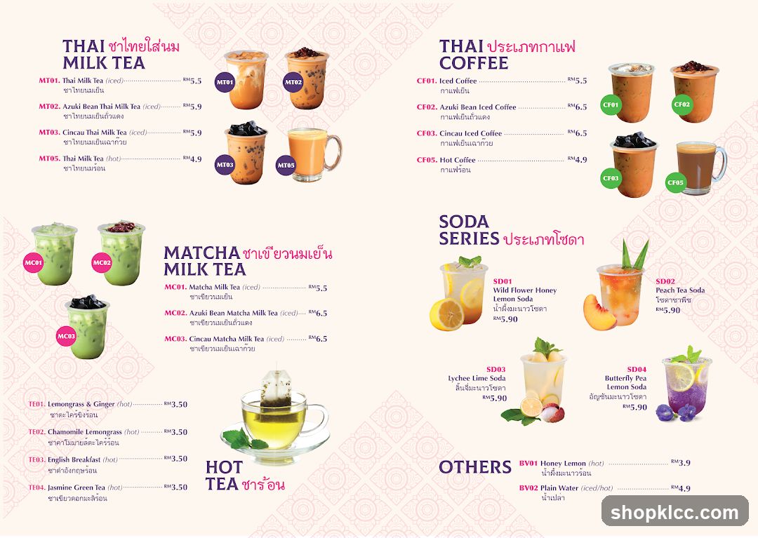 Thai Milk Tea, Matcha Milk Tea, Thai Coffee, Soda Series, Hot Tea, Others