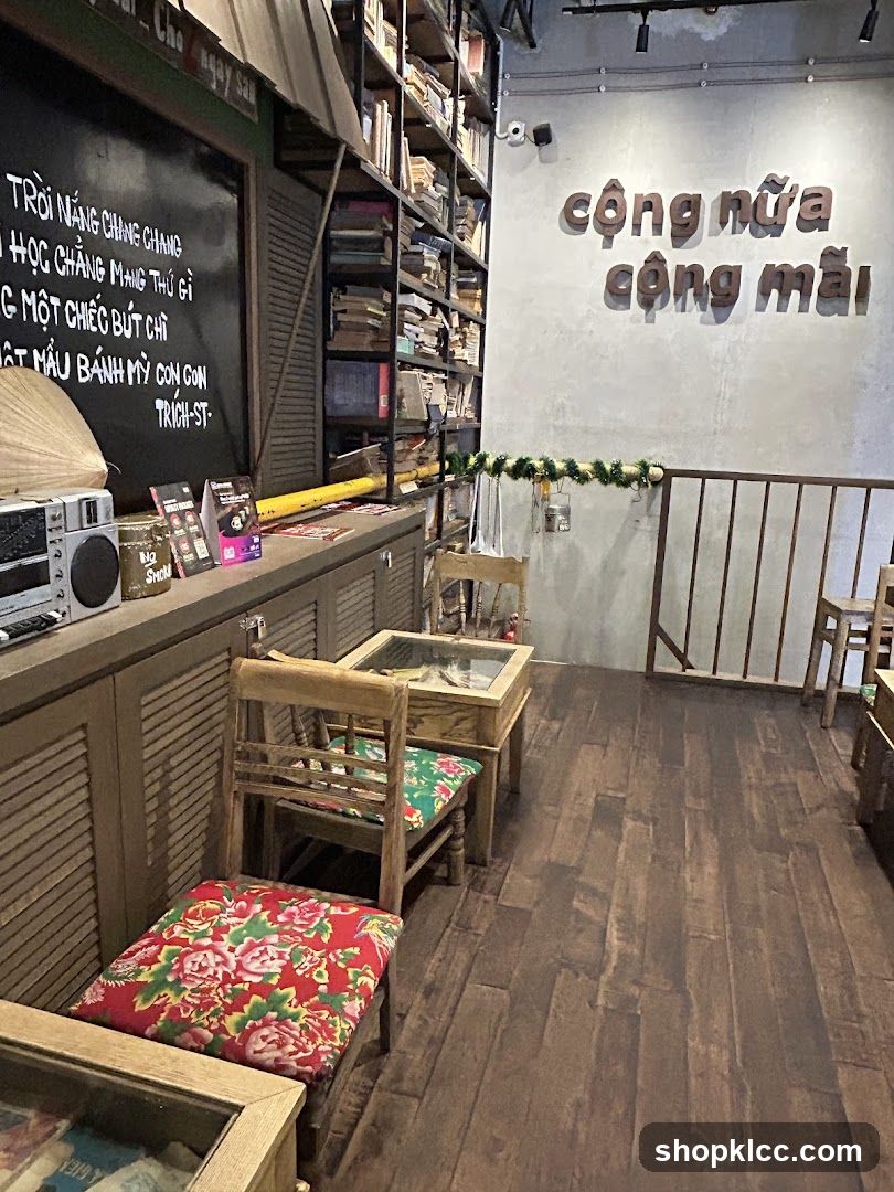 Cafe Interior with Bookshelves and Seating