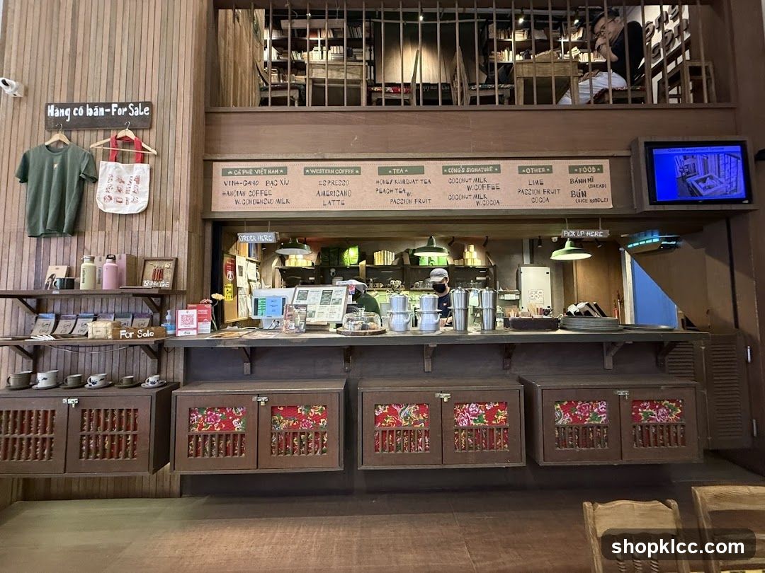 Coffee shop counter with menu and merchandise