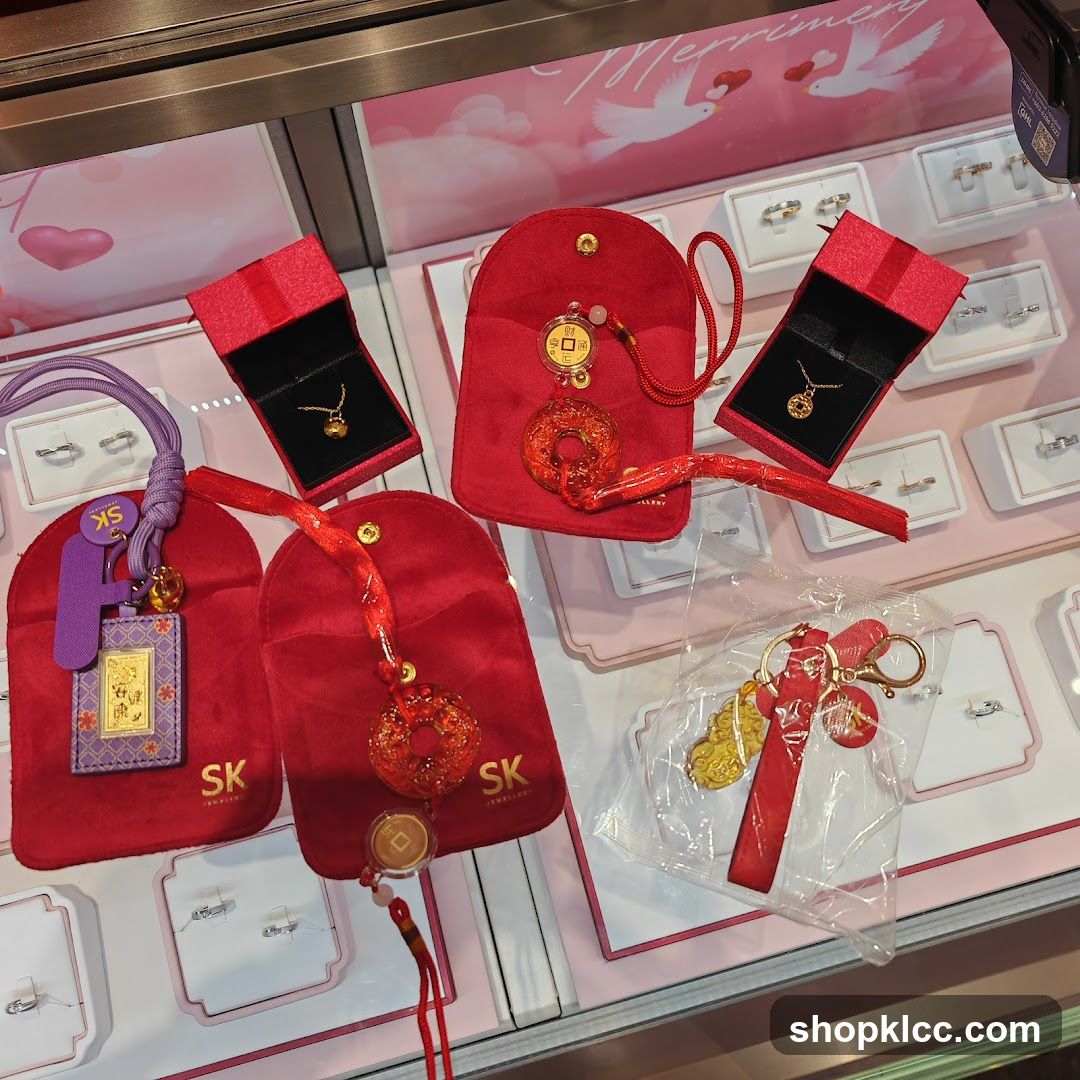 Jewelry Display with Red Pouches and Charms