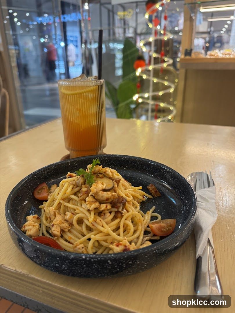 Spaghetti with Chicken and a Drink