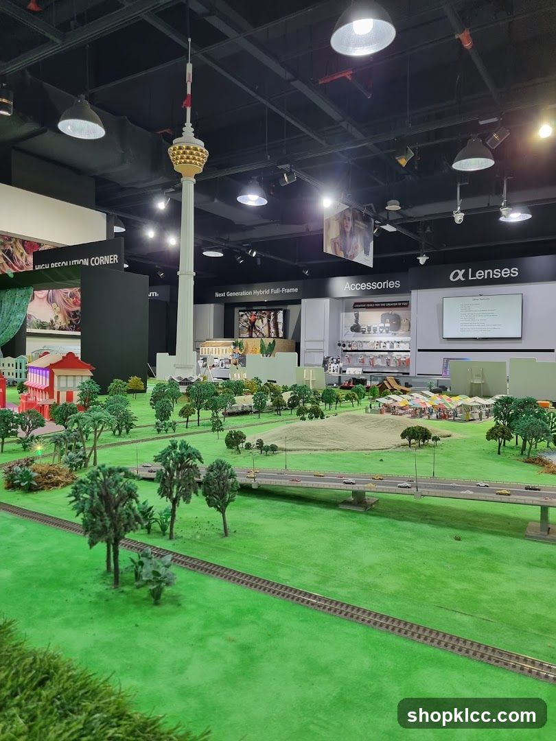 Model City Display with Tower and Retail Background